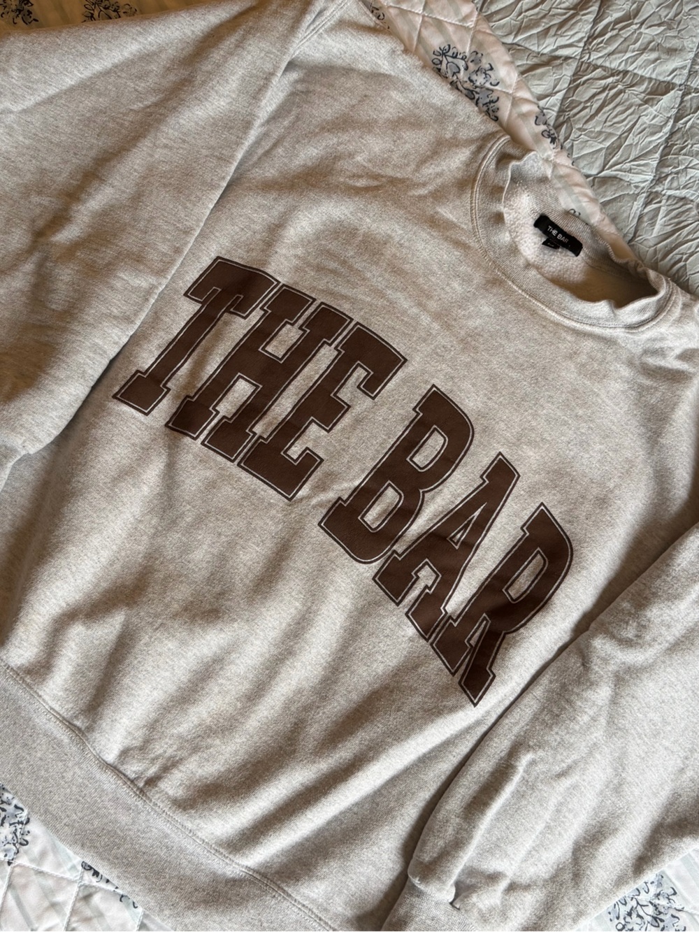 The Bar Light Heather Gray Crewneck with Brown Collegiate Print